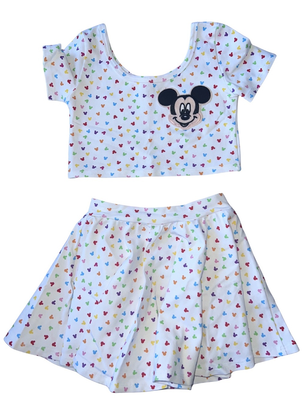Wild Rich Kids Disney Mickey Mouse Patch White Rainbow Print Girls Skirt Set